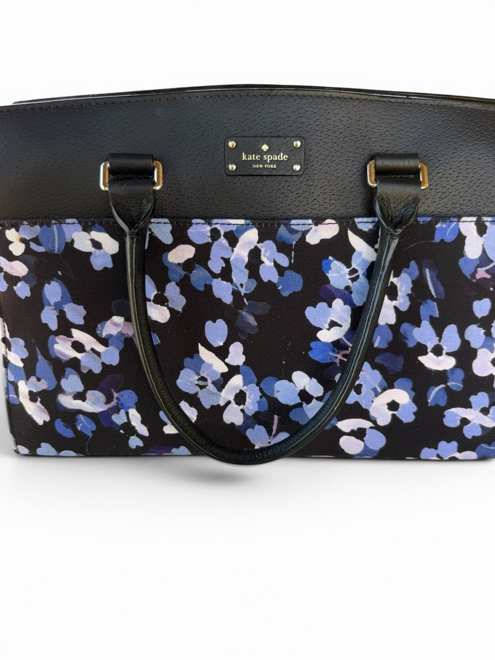Kate Spade New York Floral Tote Bag Black Leather Top Blue Flower Print - Picture 9 of 10